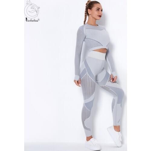 Yushuhua Women Seamless Yoga Set Gym Clothing Fitness Leggings Crop Top Shirts Sport Suit Women Long Sleeve Tracksuit Active Wea