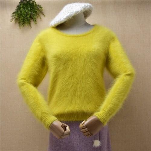 Female women autumn winter clothing hairy mink cashmere knitted o-neck slim blouses pullover angora fur jumper sweater pull tops