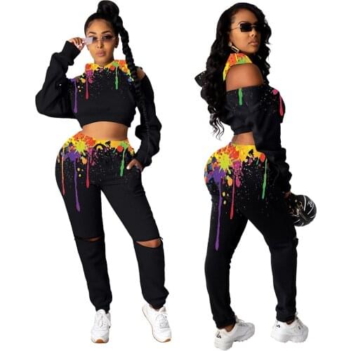 Sexy Cut Out Shoulder Top And Pants 2 Pieces Set Cropped Hoodie Sweatshirt Pants With Open Zipper Women Fashion Printed Outfit