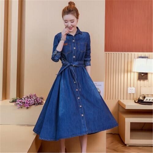 Lapel a-shaped mid-length long-sleeved fashion denim women dress pluse size spring autumn elegant female dress blue S-2XL
