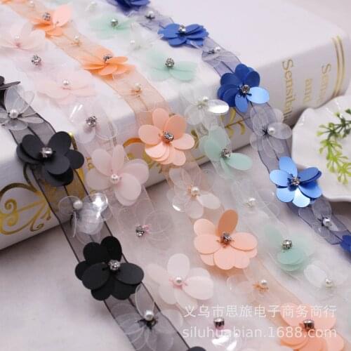 1 yards Rhinestones Colorful Sequins Flower Organza Stain Ribbon for DIY Crafts Gift Package Wedding Party Decor Sewing Material