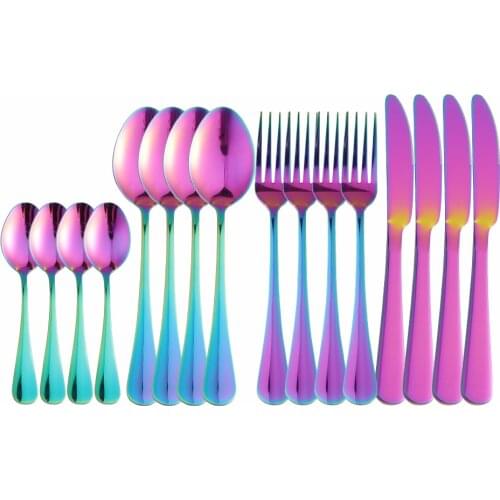 16Pcs Stainless Steel Rainbow Cutlery Tableware Set Dinnerware Dinner Flatware Set Forks Knives Spoons Set Party Home Silverware
