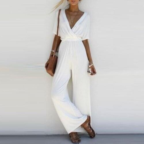 2019 Fashion Women Deep V-neck Loose Playsuit Party Club Ladies Romper Short Sleeve Long Jumpsuit S-XL Trousers Wide Leg Pants