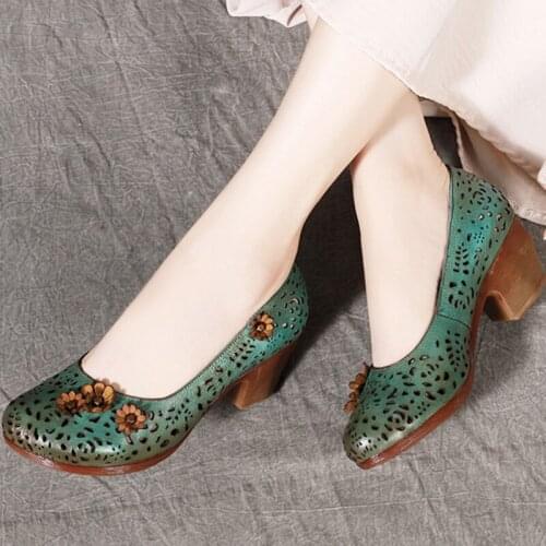 2021 New Spring Girls Retro Floral Pumps Women Shoes Round Toe Genuine Leather Platform Heels Slip-on Casual Flower Ladies Shoes