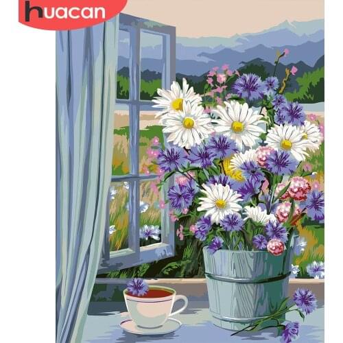 HUACAN Pictures By Number Daisy For Adults DIY Room Wall Art Painting By Number Flowers Window Home Decoration Gift 60x75cm