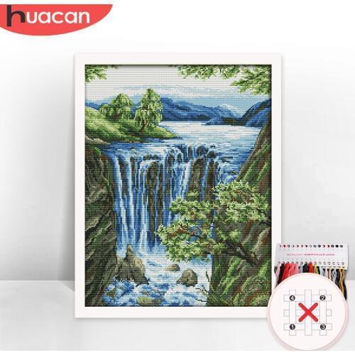 HUACAN Embroidery Cross Stitch Waterfall Scenery Needlework Sets Kits White Canvas DIY Gift Home Decor 11CT 14CT