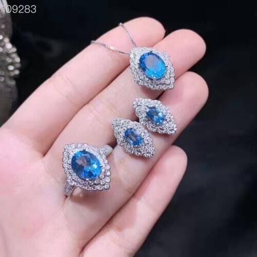 Jewelry set Natural blue Topza Necklace Earring Ring sets Women Jewelry