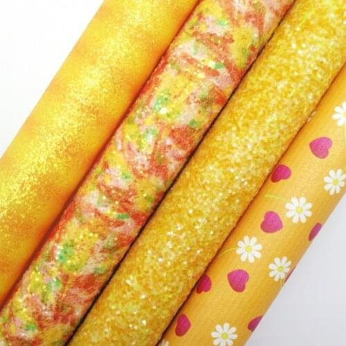 Yellow Glitter leather, Lace Glitter Fabric, flowers Printed Faux Leather Sheets For Bow A4 21x29CM Twinkling Ming KM206