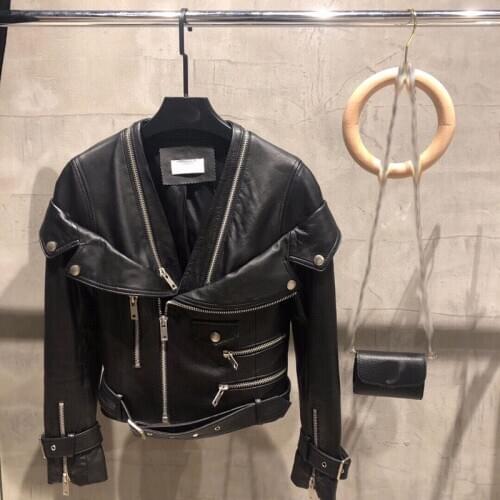 2020 autumn winter brand designer women real sheepskin leather jackets v-neck motocycle black short genuine leather coats A88