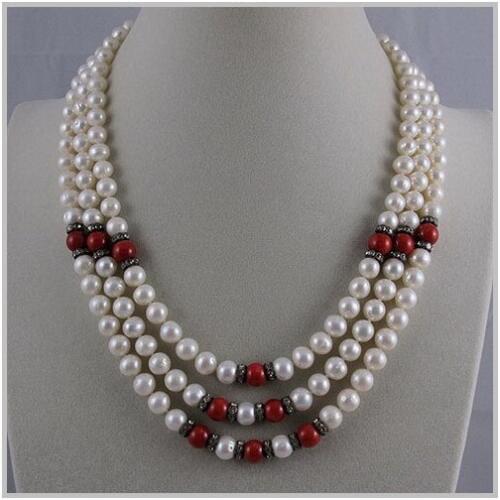 Unique Pearls jewellery Store,Charming 3rows Rhinestone Red Corals White Freshwater Pearl Necklace.Charming Women Gift Jewelry