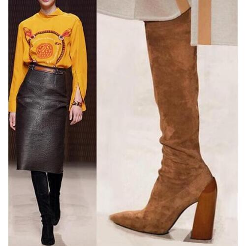 Moraima Snc Runway Stretch Fabric Knee High Boots Sexy Pointed Toe Thick Heels Woman Long Boots Brown Black Riding Boots