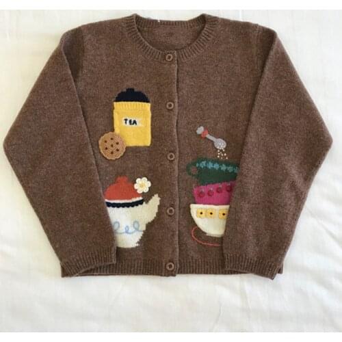 Autumn Kids Sweaters Girls Cardigans Wool Coffee Colour teacup pattern toddler kids knitted clothes