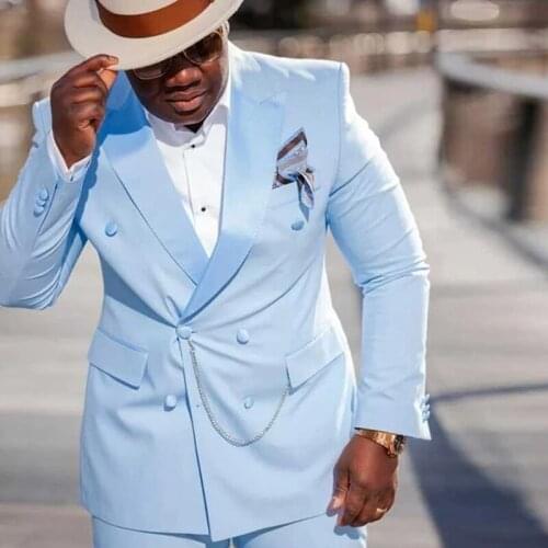 Autumn Light Blue Men Double Breasted Suits Mens Groom Tuxedos For Wedding Prom Slim Fit Peaked Lapel Male Suit 2 Piece Set