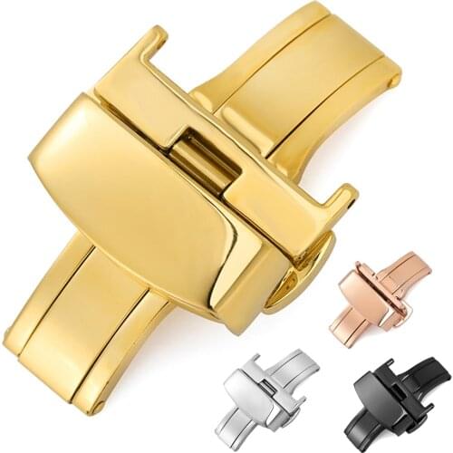 16mm 18mm 20mm 316L Stainless Steel Butterfly Deployment Buckle Automatic Double Click Clasp Button Watch Strap Accessories Gold