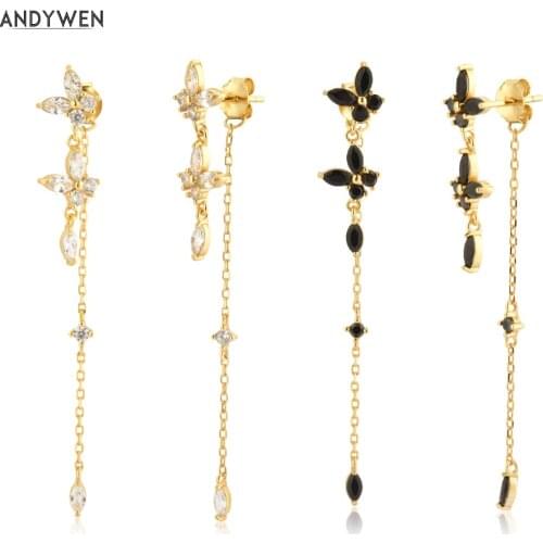ANDYWEN 925 Sterling Silver Gold Butterfly Zircon Chain Drop Earring Piercing Pendiente 2021 Fashion Women Jewelry Gift Luxury