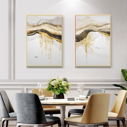 Modern Abstract Gold Mountain Tree Landscape Canvas Painting Boat Fish Posters Print Wall Art Pictures Living Room Home Decor