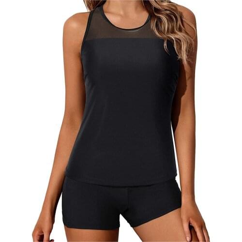 Solid Color Mesh Women Tankini Swimsuit Women Tummy Control Top With Shorts Two Piece Bathing Suit Breathable Swimwear Biquini 4