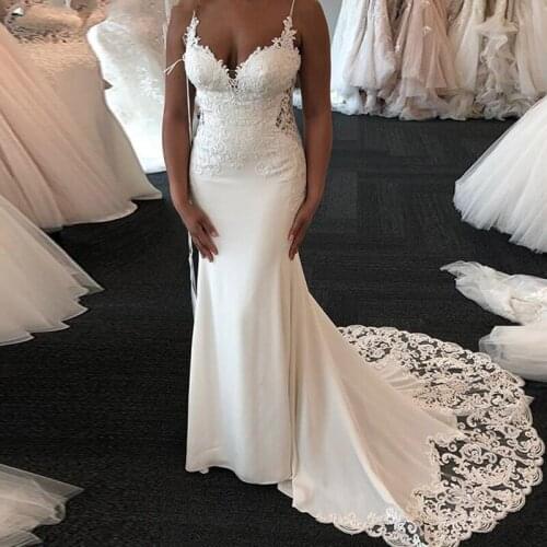 UZN Boho Wedding Dresses Spaghetti Strap Lace Mermaid Wedding Gowns Custom Made Elastic Chiffon Sexy Bride Dresses 2020