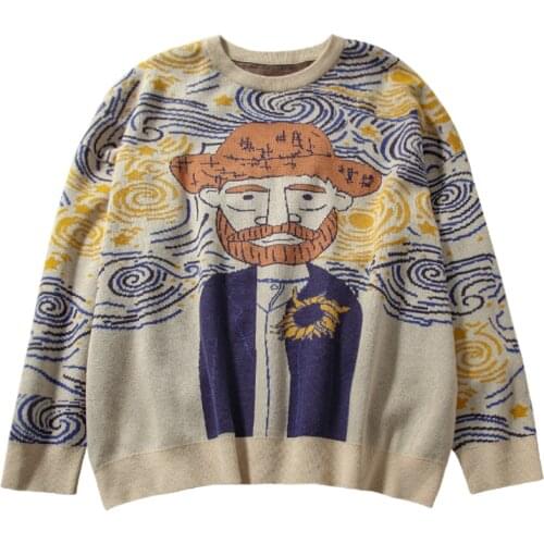 Oil Painting Pattern O Neck Knit Long Sleeve Sweater