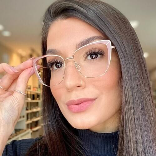 New Fashion Sexy Metal Cat Eye Glasses Frame Women Optical Anti Blue Eyeglasses Ladies Transparent Spectacles Oculos Feminino