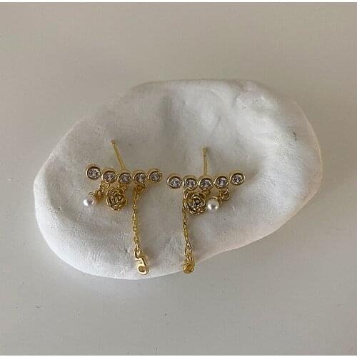 ALLNEWME Luxury Shinning Cubic Zircon Dangle Earrings for Women Ladies Gold Color Flower Faux Pearl Pendant Earrings Oorbellen