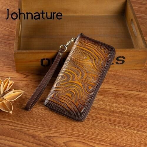Johnature Women Long Genuine Leather Wallet 2020 New Retro Handmade Embossed Card Holder First Layer Cowhide Phone Purse