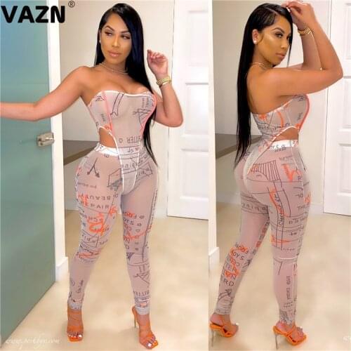 VAZN 2020 Letter Print Regular Sexy Fresh Clear Upsurge Rompers Womens Jumpsuit Sexy Fashion Sleeveless Bandage Jumpsuits