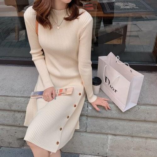 Korean 2021 Winter New Womens Pure Color All-Match Waist High Neck Knitted Bottoming Dress Gold Button Elegant Dresses Women