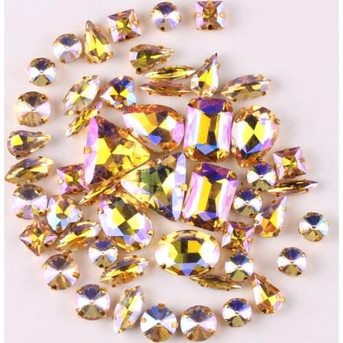 Gold claw setting 50pcs/bag 11 shapes mix Champagne gold AB glass crystal sew on rhinestone Crystals wedding dress shoes bag diy