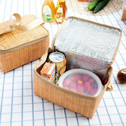 1Pcs Portable Imitation Rattan Lunch Bags Insulated Thermal Cooler Lunch Box Tote Storage Bag Container Food Picnic Bag
