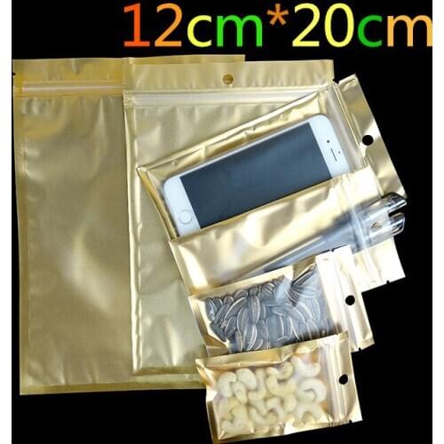 12cm*20cm Golden / Clear Self Seal Zipper Plastic Storage Packaging Pack Bag, Zip Lock Bag Retail Package Packing With Hang Hole
