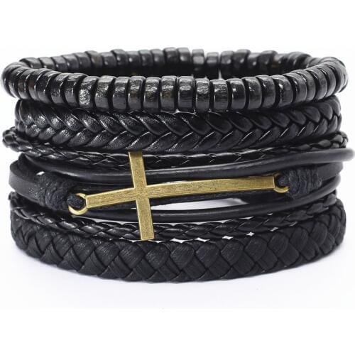 4 Pcs/set Punk Vintage Leather Bracelets Men Bronze Cross Love Charm Wrap Weave Women Homme Femme Male Jewelry