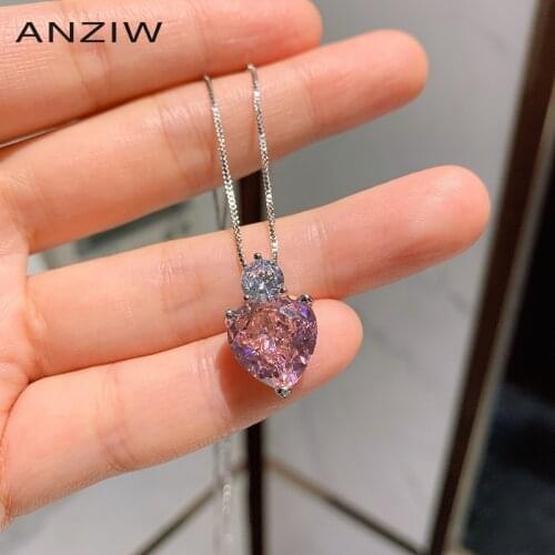 ANZIW Sterling Silver Heart-shaped Cut 12x12mm Lab Created Pink Sapphire Classic Pendant Necklace For Women Jewelry Gifts
