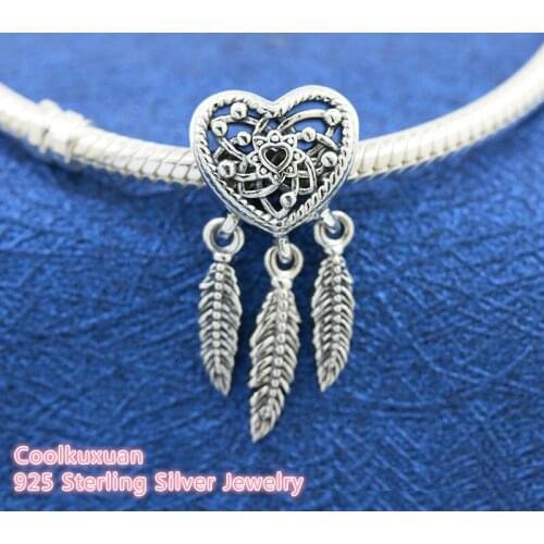 Openwork Heart & Three Feathers Dreamcatcher Charm Original 100% 925 Sterling Silver beads Fits Pandora bracelets Jewelry Making