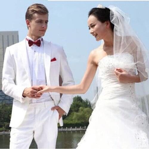 TPSAADE 2 Pieces White Men Suit Custom Made (Jacket + Pants) White Bride Summer Suits Men Groom Tuxedos Wear Wedding Suits179