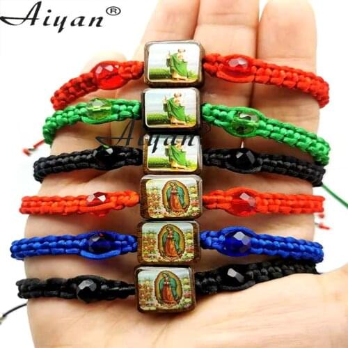 12 Pieces San Judas And Virgin Mary Jesus Saint Benedict Alloy And Wood Hand-Woven Bracelets Can Be Used As Gifts And Prayers