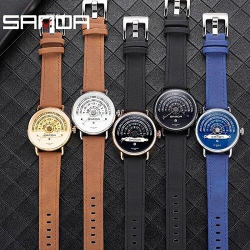 Fashion Watch Men Quartz Watches Creative White Fan Shaped Dial Mens Watches Male Wristwatch Soft Leather Mens Clock reloj saat