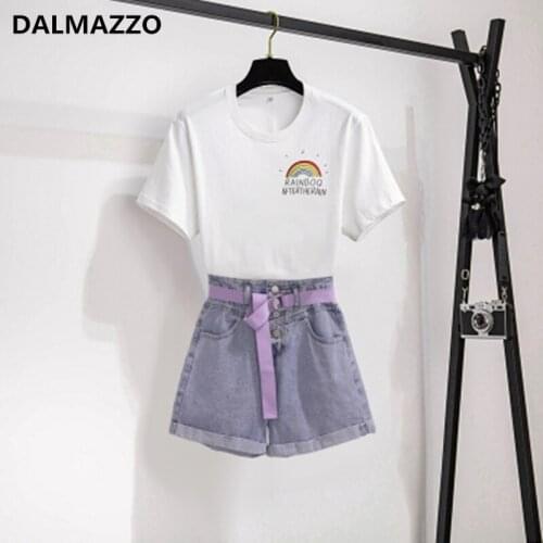 DALMAZZO 2 Pieces Set for Women 2021 New Summer Students Fashion Print Letters T Shirt Tops + Denim Shorts Suits With Sashes