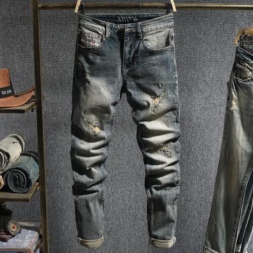 European Vintage Fashion Men Jeans Retro Wash Elastic Slim Fit Ripped Jeans Men Distressed Patchwork Designer Casual Denim Pants