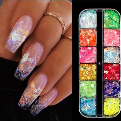 12Grids/Box Flakes Fluorescent Nail Sequins Sparkly Paillette Colorful Chunky Glitter Decorations Manicure Nail Art Accessories