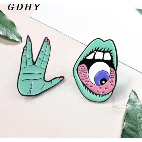 GDHY Exaggeration Green Hand Lips Tongue Brooch Eyes In The Mouth Enamel Pins Alien Monster shirts Lapel Backpack Jewelry Badge