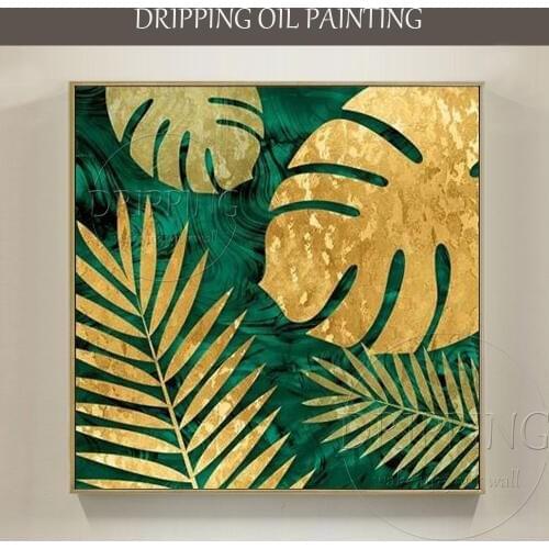 Artist Hand-painted Gold Leaves and Gold Foil Flower Oil Painting on Canvas Green Background Golden Foil Flowers Oil Painting