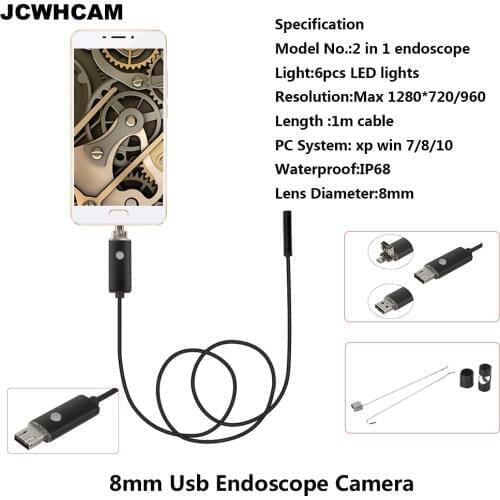 JCWHCAM 8mm Hd 720P USB Android Endoscope 1M Cable OTG PC Endoscopio Mini Endoscope Camera Inspection iWaterproof 2 in 1 Camera