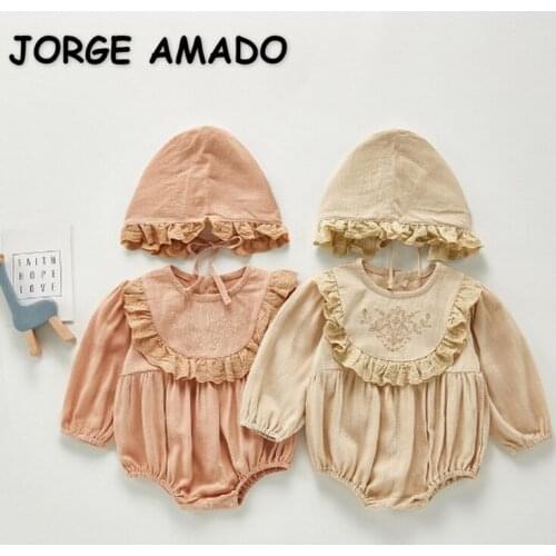 2021 New Autumn Baby Girls Bodysuit Khaki Pink Long Puff Sleeves Cotton Jumpsuit with Cute Cap Kids Clothes 0-3 Years E306