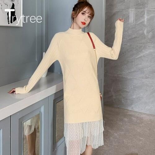 Trytree 2020 Summer Women Casual Dress Turtleneck Knitting Patchwork Temperament Lace Elegant Belt A-line Office Lady Dress