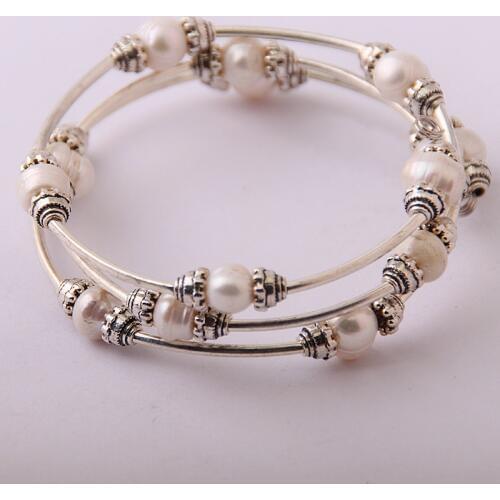 Fashion Freshwater Pearl Warp Bracelet steel bracelet memory wire with pearls inlay & alloy receptacles