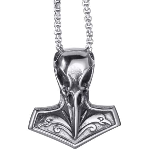 Viking Raven Thors Hammer Crow Skull Stainless Steel Pendant Necklace for Men with Box Chain