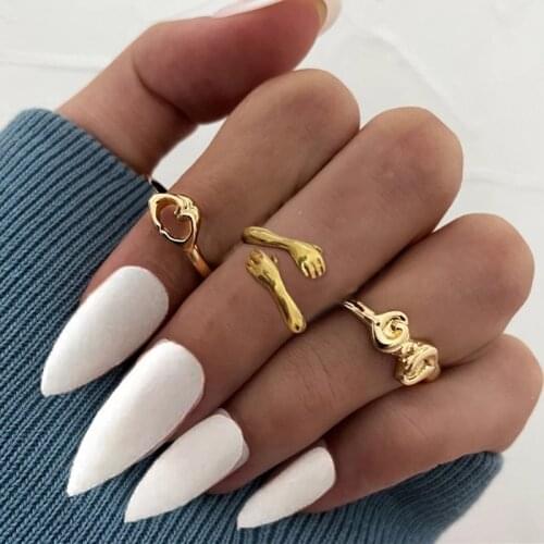 Creative Ring Set 3Pcs Finger Love Opening Simple Hollow Gold Color Hip Pop For Women Vintage Geometric Joint Rings Jewelry Gift