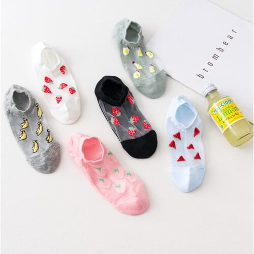 6 Pairs Summer Transparent Casual Harajuku Fruit Print Ankle Socks Women Funny Cotton Bottom Invisible Silk Socks