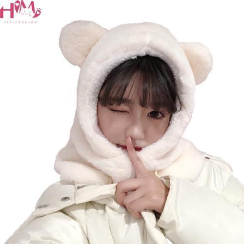 New Fashion Winter Warm Cute Ears Beanies Scarf White Fluffy Warm One Piece Set Cute Bear Skullies Women Plush Caps for Girls